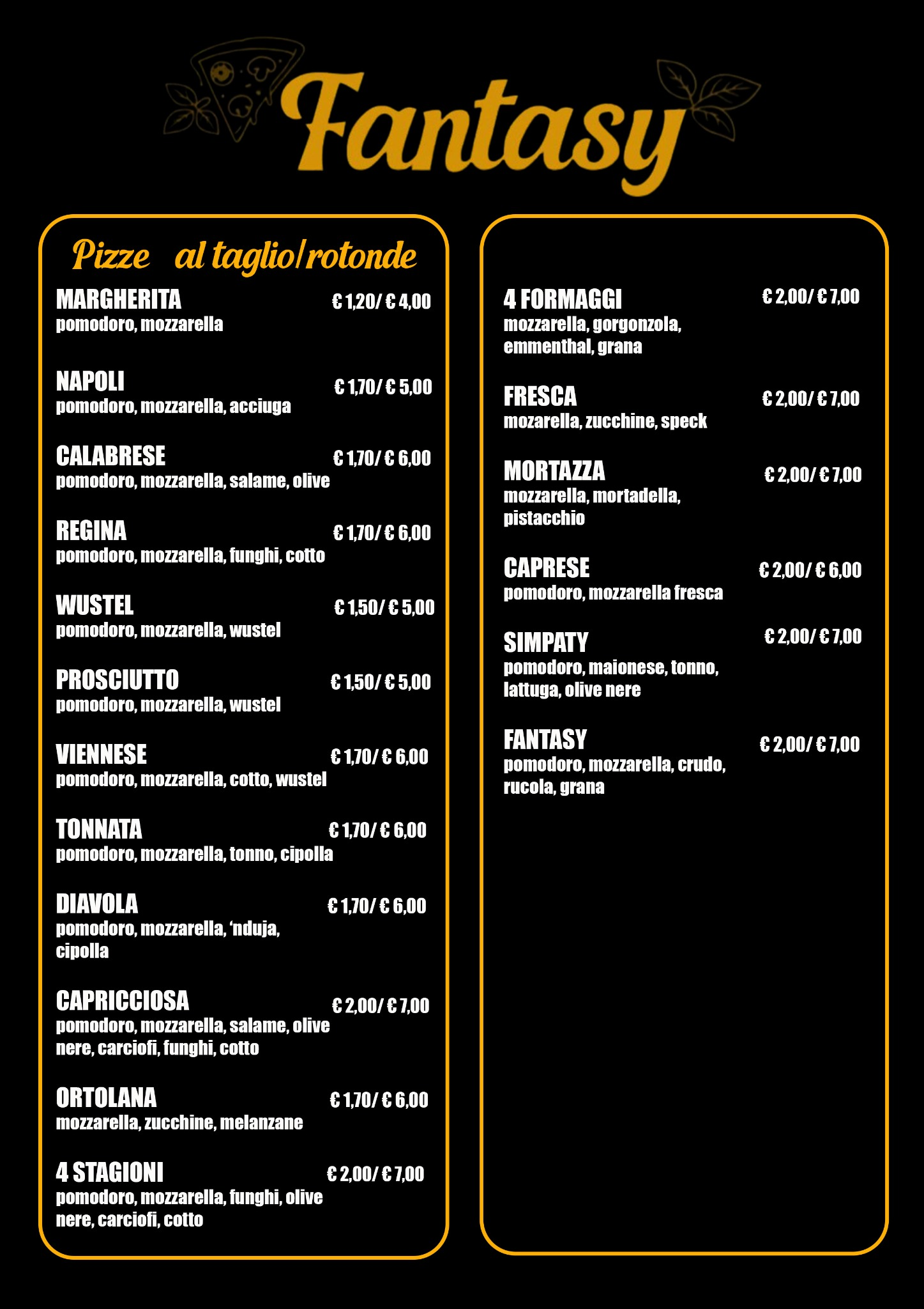 Menù Fantasy pizzeria pagina 1